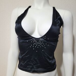 Black Halter Top with Rhinestone Detail